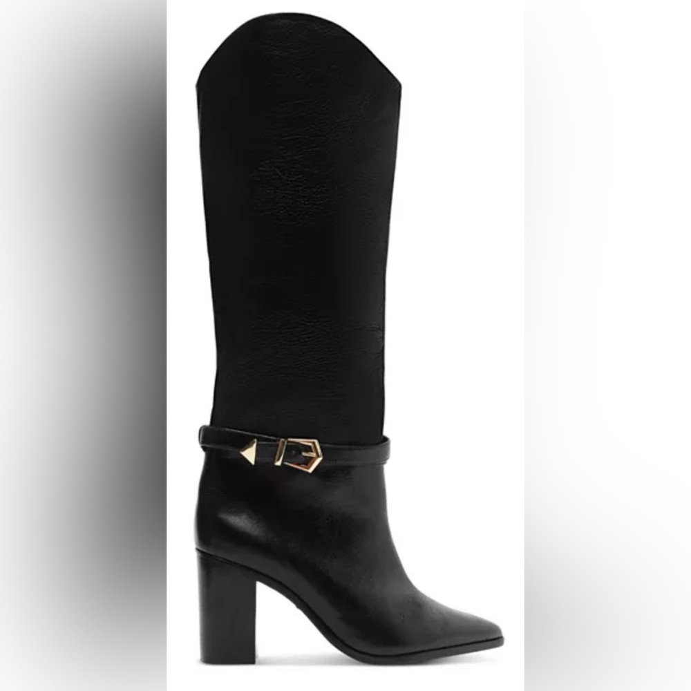 SCHUTZ Maryanna block boot. Black Leather Mid-Calf Heeled Boots with Gold Accent